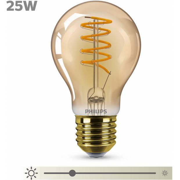 Klasická LED žiarovka Philips vo vintage štýle, náhrada za 25W žiarovku E27 GOLD so špirálovým vláknom, stmievateľná, možnosť výberu tvaru
