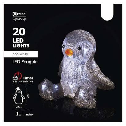 ZY2348 LED vánoční tučňák, 20cm, 3× AA, vnitřní, studená bílá, čas. EMOS Lighting
