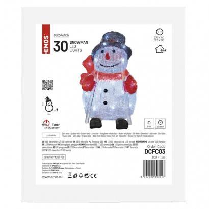 DCFC03 LED vianočný snehuliak, 28 cm, vnútorný a vonkajší, studená biela, časovač EMOS Lighting