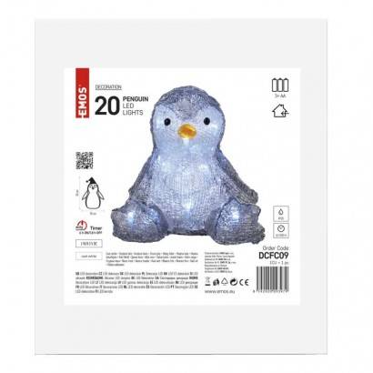 DCFC09 LED vianočný tučniak, 20 cm, 3x AA, vnútorný, studená biela, časovač EMOS Lighting