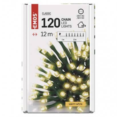 D4AW03 LED vianočná reťaz, 12 m, vnútorná a vonkajšia, teplá biela, časovač EMOS Lighting