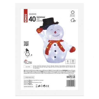 DCFC18 LED vianočný snehuliak s čiapkou, 36 cm, interiér a exteriér, studená biela, časovač EMOS