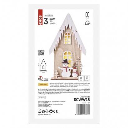 DCWW18 LED drevená dekorácia - domček so snehuliakmi, 28,5 cm, 2x AA, vnútorná, teplá biela, časovač EMOS