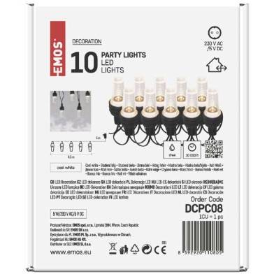 DCPC08 LED svetelná reťaz - 10x párty žiarovky, 4,5 m, vnútorné a vonkajšie, studená biela EMOS