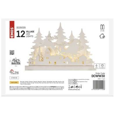 DCWW30 LED drevená dekorácia - vianočná dedinka, 31 cm, 2x AA, vnútorná, teplá biela, časovač EMOS