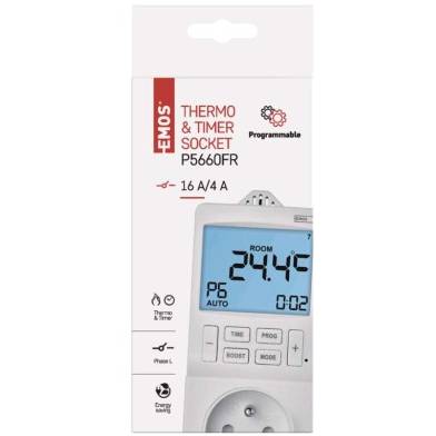 P5660FR Zásuvkový termostat s funkciou digitálneho časovača 2v1 EMOS