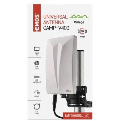 J0802 Univerzálna anténa VILLAGE CAMP-V400, DVB-T2, FM, DAB, LTE/4G/5G filter EMOS