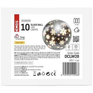 DCLW28 LED vianočná sklenená guľa - snehové vločky, 12 cm, 3x AA, vnútorná, teplá biela, časovač EMOS